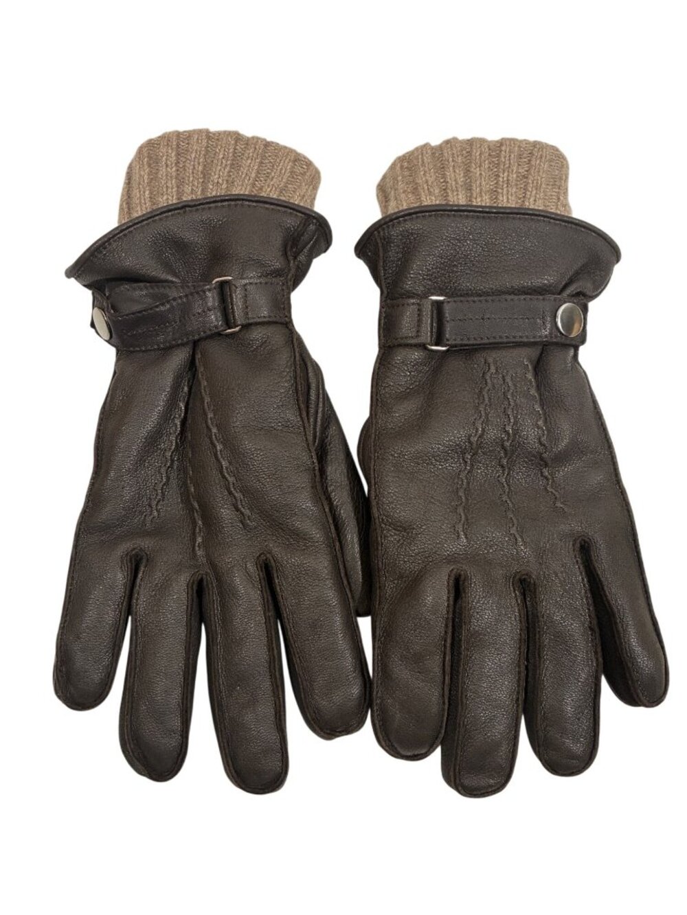 Mens Brown Leather Gloves With Cashmere Knit Cuff & Acrylic Lining Medium